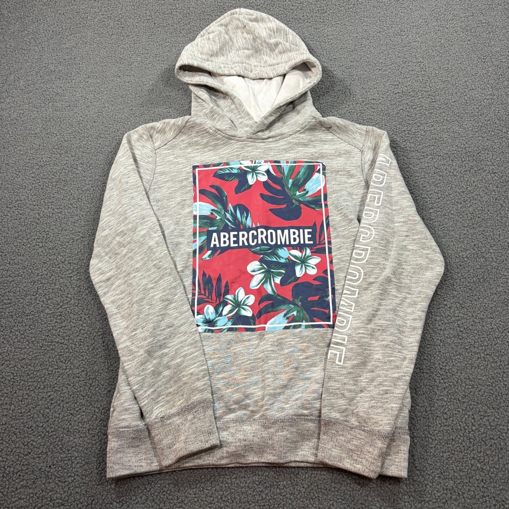 Abercrombie Kids Hoodie Boys 13/14 Gray Floral Graphic Pullover Sweatshirt Logo
